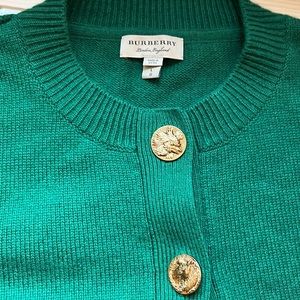 Green Burberry cashmere cardigan with beautiful gold buttons.